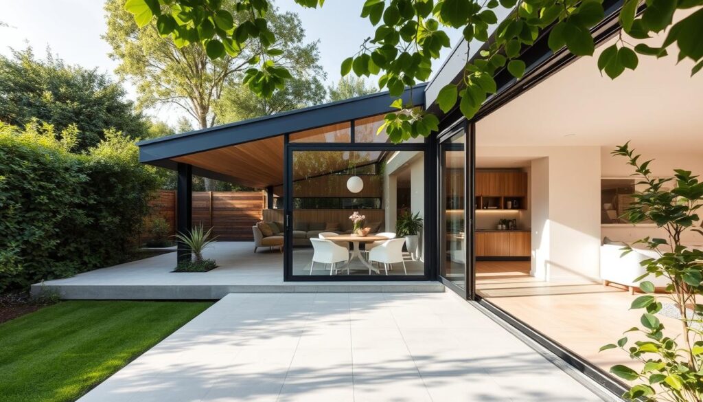 Modernes Gartenhaus mit Glas-Schiebetüren